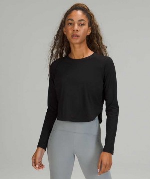 Lululemon Crew Neck UV Protection Running Long Sleeve Shirt Kadın Üstler Siyah | DXGBKN-728
