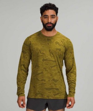 Lululemon Fast and Free LS Erkek Üstler Camo Altın Yeşil | HEDUCN-721