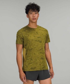 Lululemon Fast and Free Sleeve Shirt Erkek Üstler Camo Altın Yeşil | OSPHGE-912