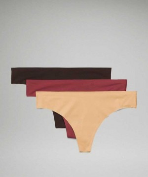 Lululemon InvisiWear Mid-Rise Thong 3 Pack Kadın İç Giyim Mulled Wine / Pecan Tan / French Press | YGBQEH-407