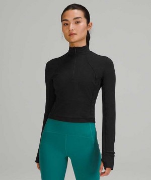 Lululemon It's Rulu Run Cropped Half-Zip Kadın Tişörtü Siyah | JNLUFQ-075