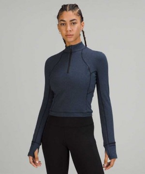 Lululemon It's Rulu Run Cropped Half-Zip Kadın Tişörtü Lacivert Siyah | TDYUKC-981