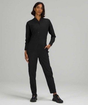 Lululemon Lab Woven Long Sleeve Jumpsuit Kadın Elbise Siyah | KMFTLS-354