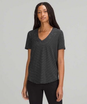 Lululemon Love V-Neck T-Shirt Kadın Üstler Siyah Beyaz | XSMOWA-620