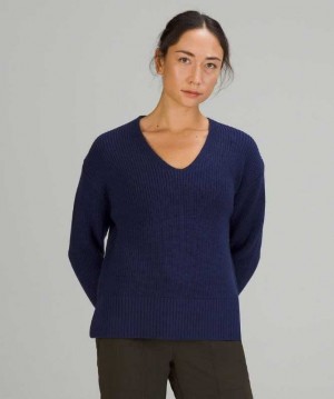 Lululemon Merino Wool V-Neck Sweater Kadın Tişörtü Night Sea | PAIGUL-740