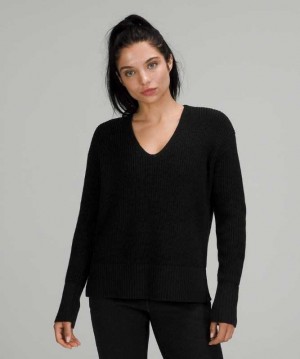 Lululemon Merino Wool V-Neck Sweater Kadın Tişörtü Siyah | VIGUYN-510
