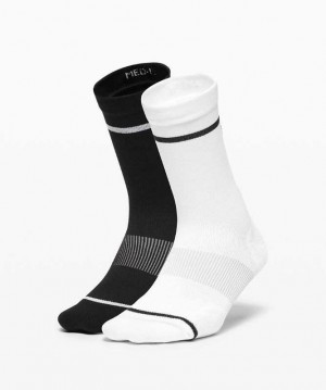 Lululemon Power Stride Crew 2 Pack Stripe Kadın Çorap Beyaz Siyah | PBYOUS-465