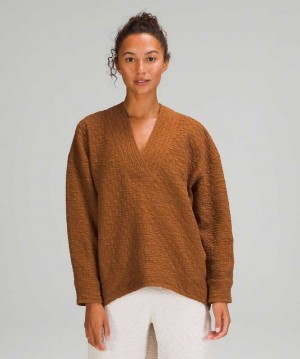 Lululemon Rippled V-Neck Pullover Kadın Tişörtü Bakır Kahverengi | JMWHIC-718