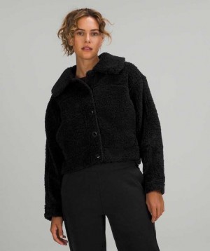 Lululemon Textured Fleece Button Kadın Mont Siyah | IMYWKO-358
