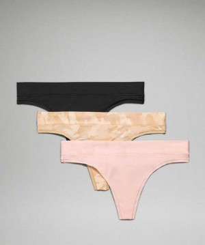Lululemon UnderEase Mid Rise Thong 3 Pack Kadın İç Giyim Camo Pembe Siyah | ISJNUP-190