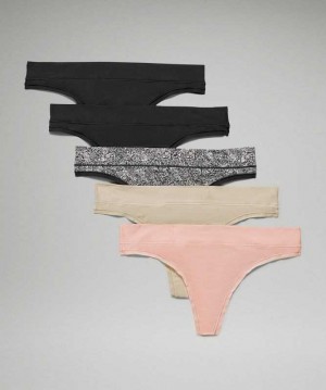 Lululemon UnderEase Thong 5P Kadın İç Giyim Siyah Siyah Pembe | WVRAOF-896
