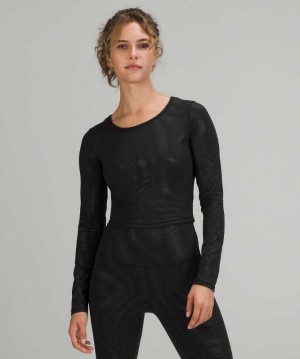 Lululemon Wunder Train Cropped Long Sleeve Shirt Foil Kadın Üstler Siyah | KOJCSA-563